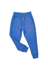 Blauwe sweatpants van zacht stof. Voorzien van een elastische tailleband, een verstelbaar trekkoord, zijzakken en een bruin leren label.