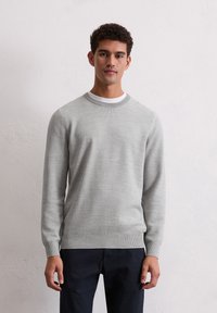 Grijze gebreide sweater met een ronde halslijn, gestructureerde stof en lange mouwen. Versterkt met een wit shirt eronder. Donkere broek.