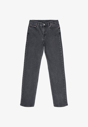 Zwarte denim jeans met een rechte pijp, vijf zakken en een knoop- en ritssluiting. De stof heeft een zachte textuur met een vervaagde afwerking.