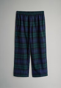 Plaid lounge pants made from soft fabric, featuring a blue and green color scheme with an elastic waistband, cropped length, and straight cut.