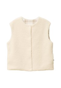 Crème fleece vest met een ronde halslijn, voorzijde met drukknoopsluiting en een geruite binnenvoering. Zacht van textuur en mouwloos ontwerp.