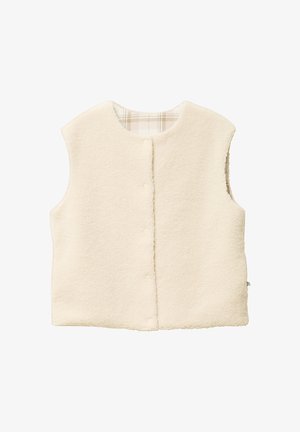 Crème fleece vest met een ronde halslijn, voorzijde met drukknoopsluiting en een geruite binnenvoering. Zacht van textuur en mouwloos ontwerp.