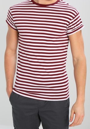 Burgundy and white striped t-shirt with short sleeves, crew neck, and a fitted design, made from cotton fabric with a smooth texture.