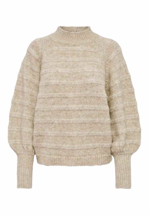 Beiger Strickpullover mit hohem Kragen, strukturiertem Surface und gerippten Bündchen. Verfügt über einen lässigen Schnitt und ein horizontales Streifenmuster.