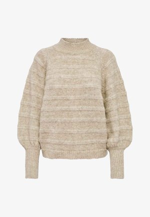 Bež pulover iz pletenine z visokim ovratnikom, teksturirano površino in rebrastimi manšetami. Ima sproščen kroj in vodoravno črtno vzorčenje.
