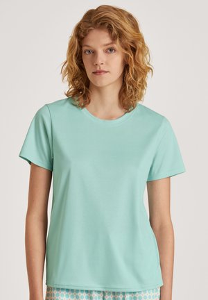 Hellblaues T-Shirt mit Rundhalsausschnitt und kurzen Ärmeln. Weicher Stoff mit glatter Textur, klassischer Schnitt ohne Verzierungen.