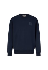 Felpa blu navy in misto cotone, con colletto a girocollo, maniche lunghe, polsini a costine e una piccola etichetta con logo sul petto.