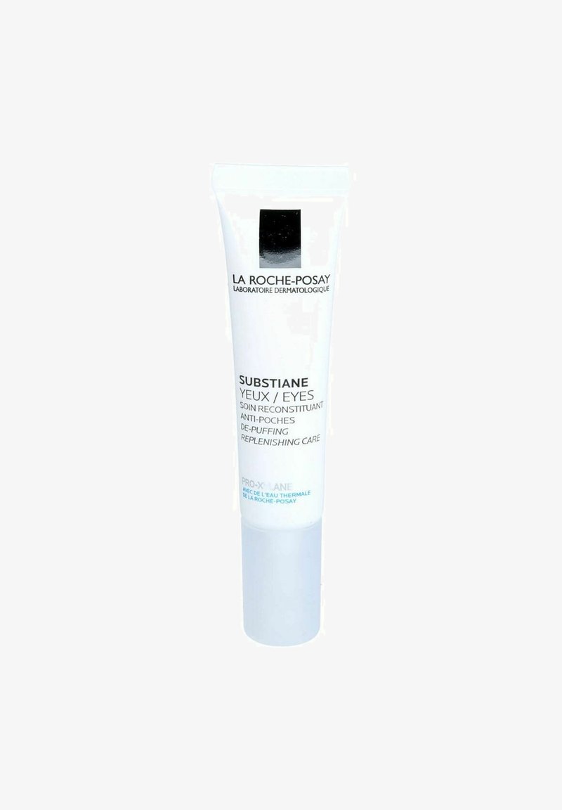 White tube packaging with a silver cap, labeled "La Roche-Posay Substiane Yeux," includes product description in blue and black text.
