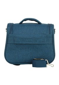Borsa a tracolla blu in tessuto con chiusura a zip, manico superiore, tasca anteriore con patta e tracolla rimovibile. Superficie testurizzata con un motivo sottile.