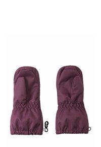 Rękawiczki w głębokim kolorze śliwki, wykonane z miękkiego materiału. Posiadają przestrzeń na kciuk, elastyczne mankiety oraz sznurek do regulacji dopasowania.