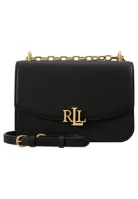 Czarna skórzana torebka o ziarnistej fakturze, z złotym łańcuszkiem jako paskiem oraz złotym akcentem z logo. Posiada klapkę zamykającą oraz regulowany pasek.