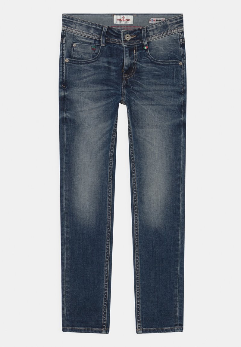 Jean en denim lavé sombre avec une coupe slim, doté de cinq poches, de coutures contrastées et d'un léger dégradé au niveau des cuisses.
