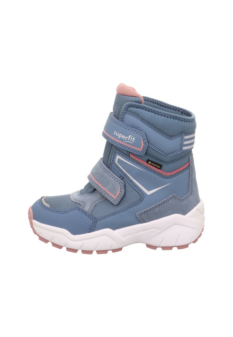 Modré textilní a syntetické kotníkové boty se dvěma suchými zipy, růžovými detailem a bílou podrážkou s texturovaným gripem.