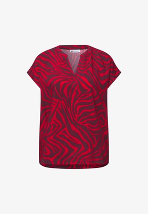 Blouse à manches courtes pour femme avec des rayures zèbre abstraites rouges et violet foncé, dotée d'un col en V.