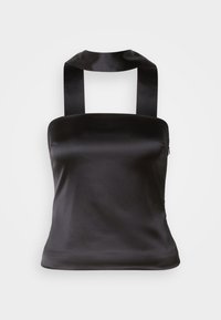 Top de cetim preto com decote quadrado e alças largas que se atam nas costas. Textura suave e design ajustado para uma silhueta elegante.