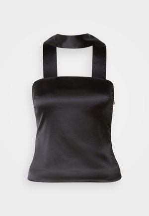 Top de cetim preto com decote quadrado e alças largas que se atam nas costas. Textura suave e design ajustado para uma silhueta elegante.