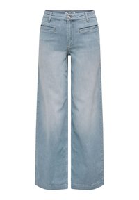 Jasnoniebieskie jeansy o szerokich nogawkach wykonane z denimu, z klasycznym fasonem z pięcioma kieszeniami, szlufkami na pasek i zapinane na zamek błyskawiczny.