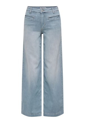 Světle modré džíny s širokými nohavicemi z denimu, s klasickým pětikapsovým designem, poutky na opasek a zapínáním na zip.