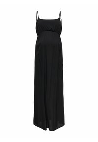 Robe maxi noire avec de fines bretelles ajustables, un corsage froncé et un tissu fluide. Légère avec une texture lisse.