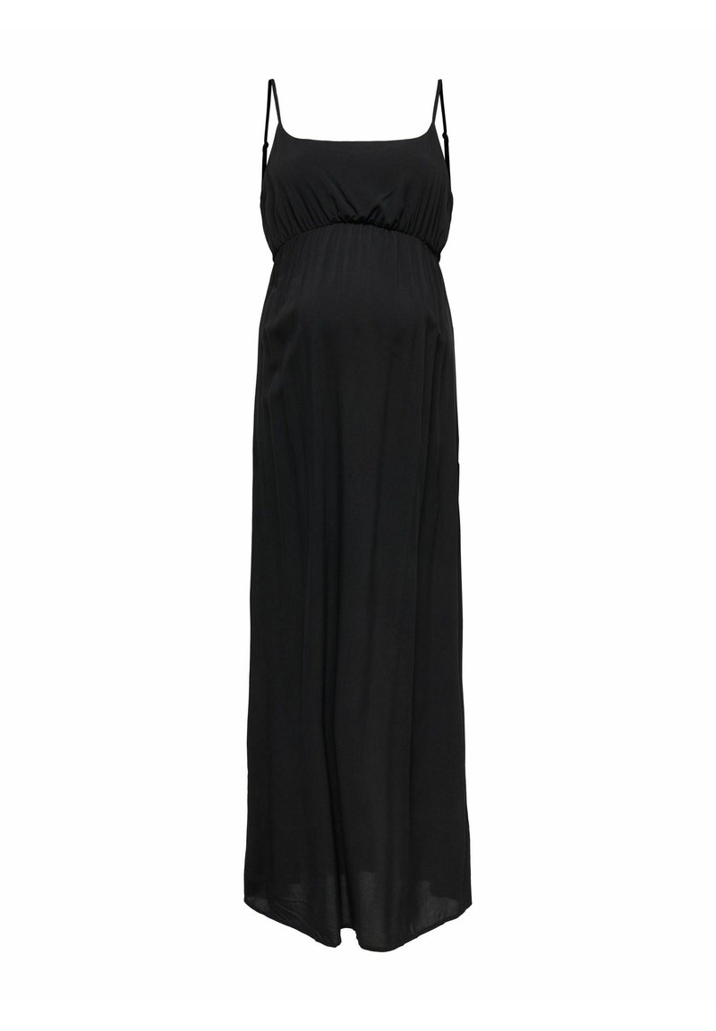 Robe maxi noire avec de fines bretelles ajustables, un corsage froncé et un tissu fluide. Légère avec une texture lisse.