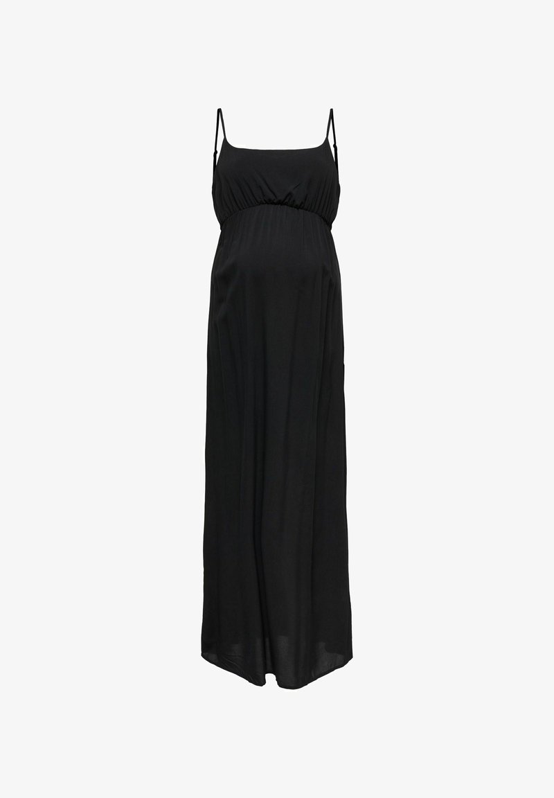 Vestido maxi negro con tirantes finos ajustables, cuerpo fruncido y tela fluida. Ligero y de textura suave.