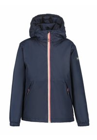 Mörkblå lättviktsjacka med huva, rosa dragkedja, elastiska ärmslut och sidofickor. Slät yta och vattentåligt material.