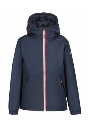 Veste légère bleu marine avec capuche, fermeture éclair rose, poignets élastiques et poches latérales. Texture lisse et matériau résistant à l'eau.