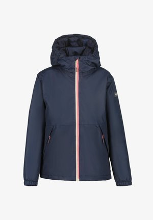 Marineblauwe lichtgewicht jas met kap, roze ritssluiting, elastische mouwen en zijzakken. Glad oppervlak en waterafstotend materiaal.