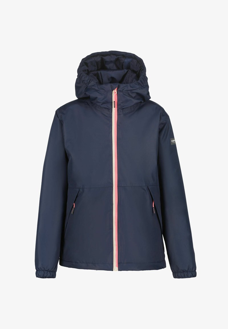 Navyblaue leichte Jacke mit Kapuze, pinkem Reißverschluss, elastischen Bündchen und seitlichen Taschen. Glatte Textur und wasserabweisendes Material.