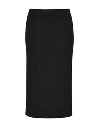 Schwarzer, knielanger Rock aus strukturiertem Stoff mit elastischem Bund und subtiler Kräuselung. Schlichtes, tailliertes Design.