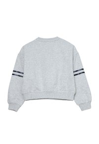 Felpa a maniche lunghe color grigio chiaro con doppie strisce nere su ogni manica, polsini a costine, orlo e scollo tondo, vista posteriore.