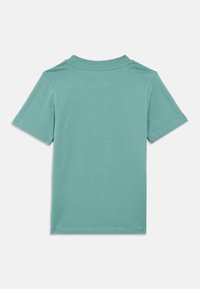 Κοντομάνικη μπλούζα σε τυρκουάζ χρώμα, κατασκευασμένη από απαλό βαμβάκι, με κλασικό στρογγυλό λαιμό και σχεδιασμό χωρίς ραφές στους ώμους. Απλή πίσω όψη χωρίς γραφικά.