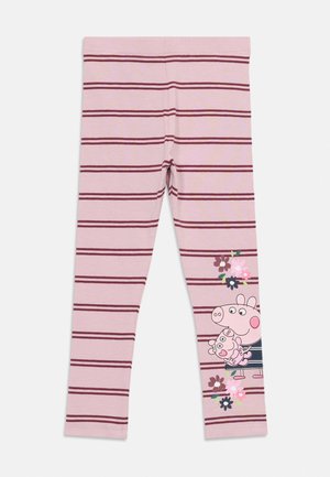 Růžové dětské legíny s horizontálními vínovými pruhy a postavičkou Peppy Pigg držící miminko, obklopenou květinami na spodní pravé noze.