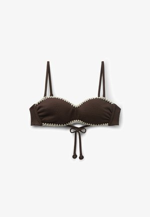 Braunes, strukturiertes Bandeau-Bikinioberteil mit verstellbaren dünnen Trägern, weißem, gewelltem Besatz und einer vorderen Schleifenbindung.