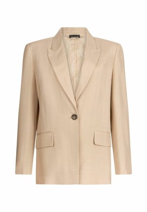 Blazer beige realizzato in tessuto liscio, con chiusura a un bottone, rever a contrasto e due tasche frontali. Dettaglio in lino con una sottile texture.