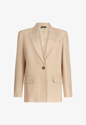 Blazer beige realizzato in tessuto liscio, con chiusura a un bottone, rever a contrasto e due tasche frontali. Dettaglio in lino con una sottile texture.