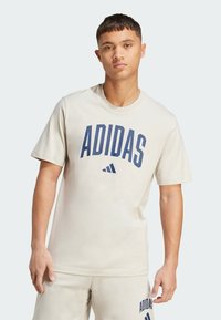 Beige kokvilnas T-krekls ar lielu tumši zilā krāsā "ADIDAS" logo un mazu grafiku uz krūtīm; apaļa kakla izgriezums, īsas piedurknes, brīva piegriezuma.