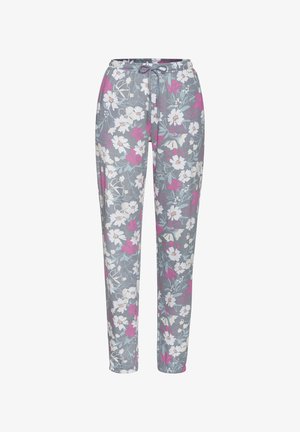 Bloemrijke broek met een grijze achtergrond, voorzien van witte en roze bloemen, elastische tailleband en trekkoord. Zachte stof, taps toelopende benen.