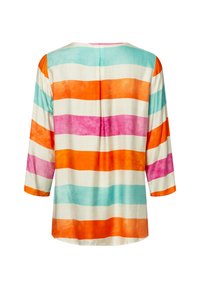 Gestreiftes Hemd in mehreren Farben mit horizontalen Streifen in Orange, Pink, Türkis und Creme, mit Dreiviertelärmeln und einer lockeren Passform.