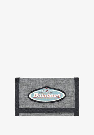 Gray fabric wallet with black trim, featuring a blue and red Billabong logo patch and sleek, smooth texture. Folded design for easy storage.