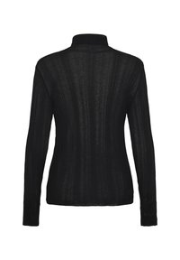 Schwarzes Langarmoberteil mit einem Mock-Neck-Design, gerippter Textur und taillierter Silhouette, das aus leichtem, transparentem Material gefertigt ist.