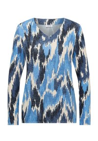 Pull à col en V à manches longues présentant un motif abstrait bleu, noir et crème dans un tissu doux. Design texturé avec des nuances variées.