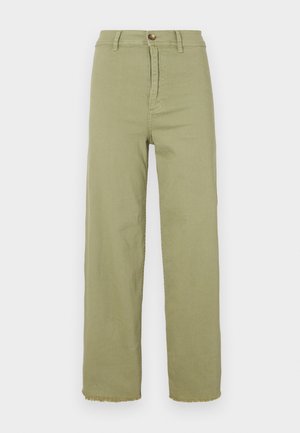 Light green high-waisted trousers with a straight leg. Features a button closure and frayed hem. Made from cotton fabric with a smooth texture.