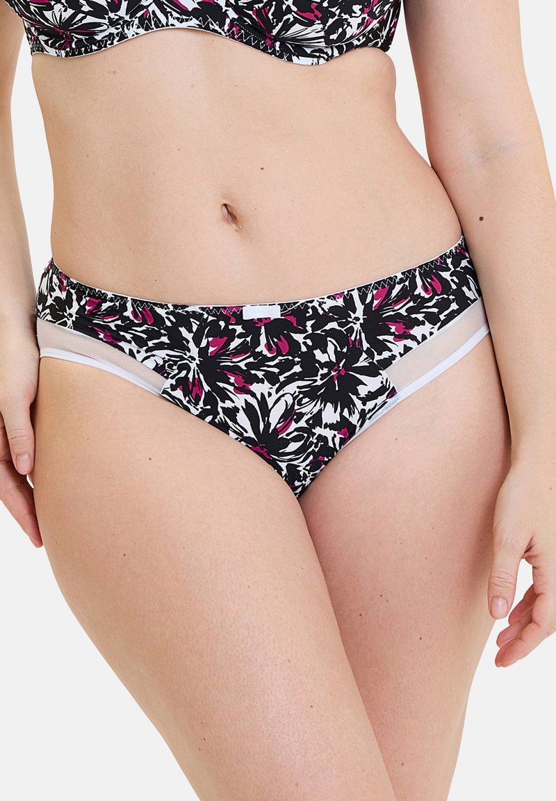 Fondo bikini con stampa floreale nei colori nero, bianco e rosa. Presenta pannelli laterali in rete e un tessuto morbido ed elastico, che offre comfort e vestibilità.