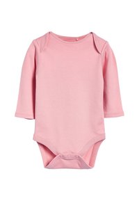 Růžový body s dlouhým rukávem vyrobený z měkké bavlny. Obsahuje patentky na spodní straně a kulatý výstřih. Hladká, lehká textura.