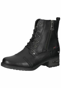Stivaletto in pelle nera con lacci, zip laterale, punta arrotondata e tacco basso squadrato. Caratterizzato da hardware argentato e un sottile accento con logo.