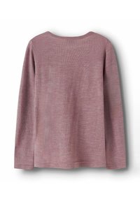 Langærmet top i en blød mauve farve, med en rund halsudskæring og et struktureret strikkemønster. Enkel design uden yderligere accenter.