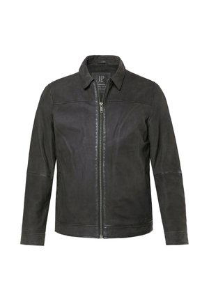 Czarna skórzana kurtka z zamkiem błyskawicznym z przodu, kołnierzem z wycięciem i długimi rękawami. Gładka faktura, minimalistyczny design i subtelne detale szwów.