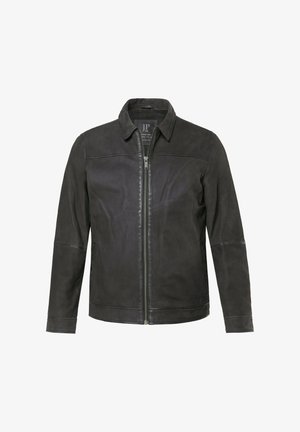 Czarna skórzana kurtka z zamkiem błyskawicznym z przodu, kołnierzem z wycięciem i długimi rękawami. Gładka faktura, minimalistyczny design i subtelne detale szwów.