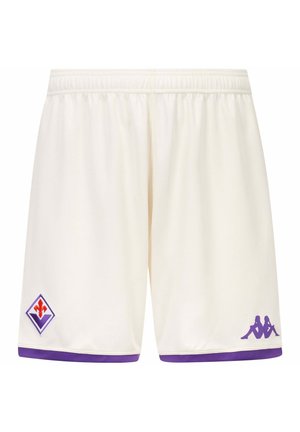 Pantaloncini sportivi bianchi con rifiniture viola, con il logo viola e rosso del club di calcio Fiorentina a sinistra e il logo viola Kappa a destra.